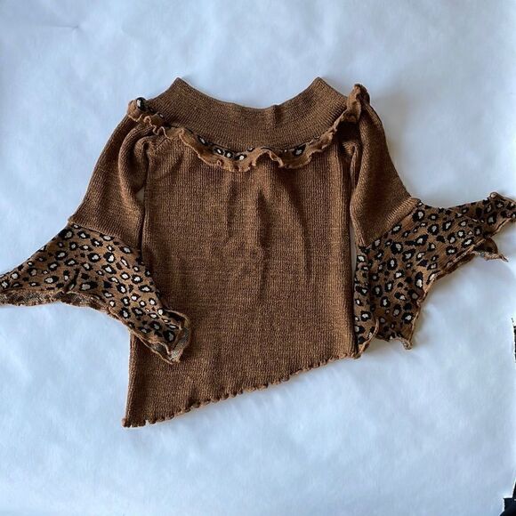 French Asymmetrical Sweater with Bell Sleeves, Wide Collar, Animal Print - Picture 2 of 6